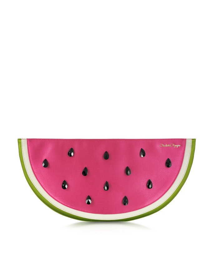 Pink and Green Watermelon Satin Pouch with Crystal Detail, Charlotte Olympia, www.forzieri.com